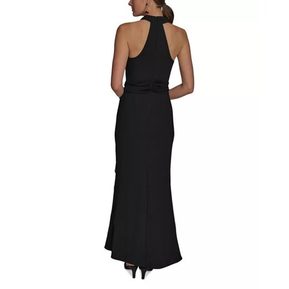 Donna Karan New York Black Cowl Neck Gown Gold Ginkgo Leaf Detail Size 6 NWT - Picture 4 of 15